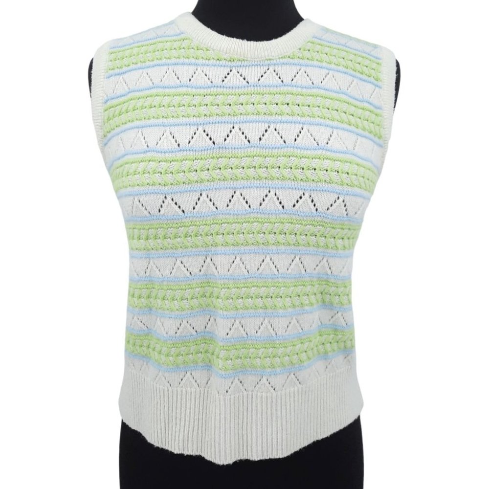 VTG 60s Wintuk Green Blue Stripe Sleeveless Knit Top Cardigan Twin Set Size S - Picture 5 of 9